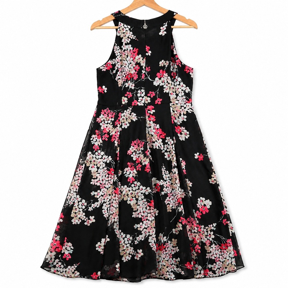 Tommy Hilfiger Floral Fit Flare Midi Dress Womens 10 Black Pink Sleeveless